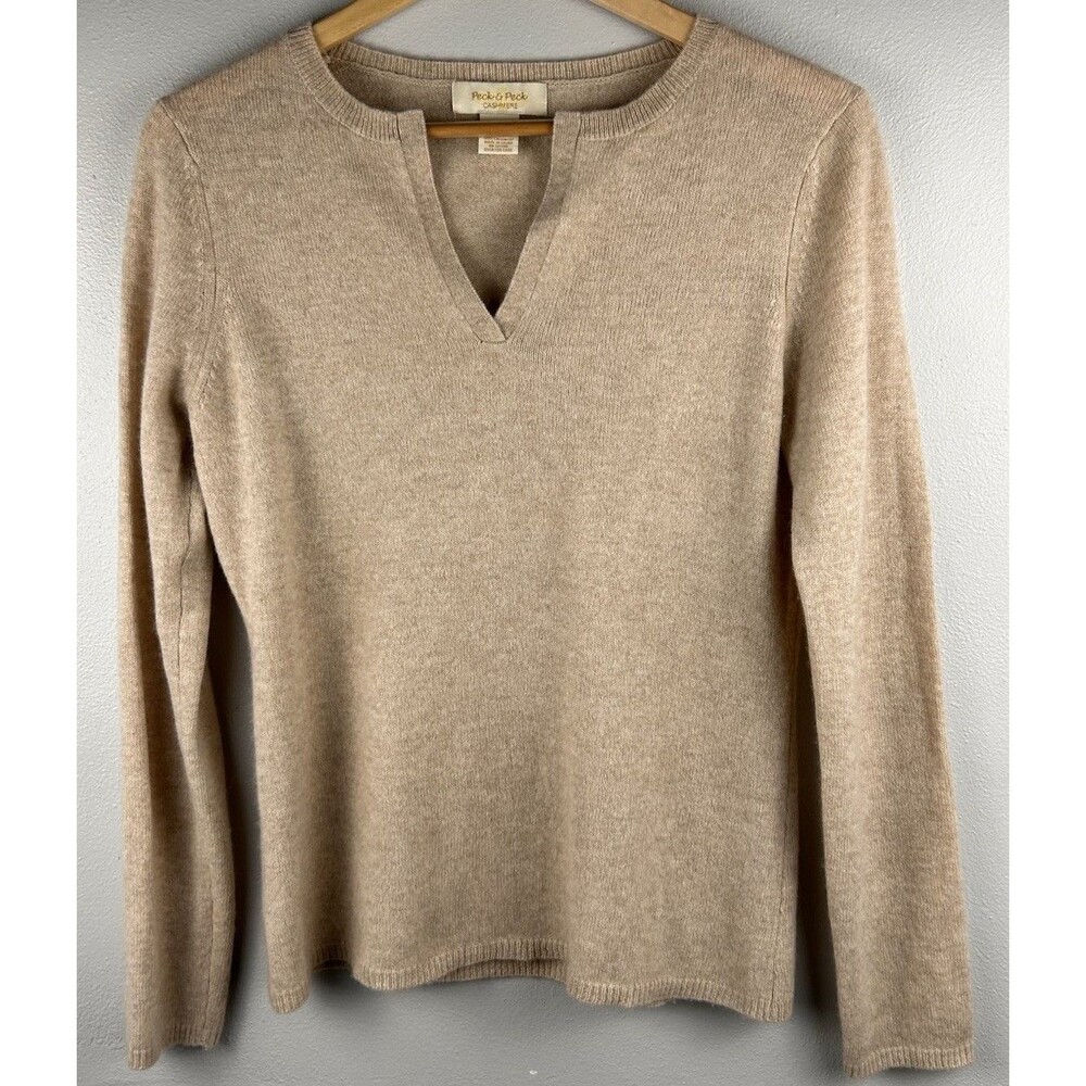 Peck & Peck Cashmere V-Neck Sweater M 2-Ply Knit Beige Oatmeal